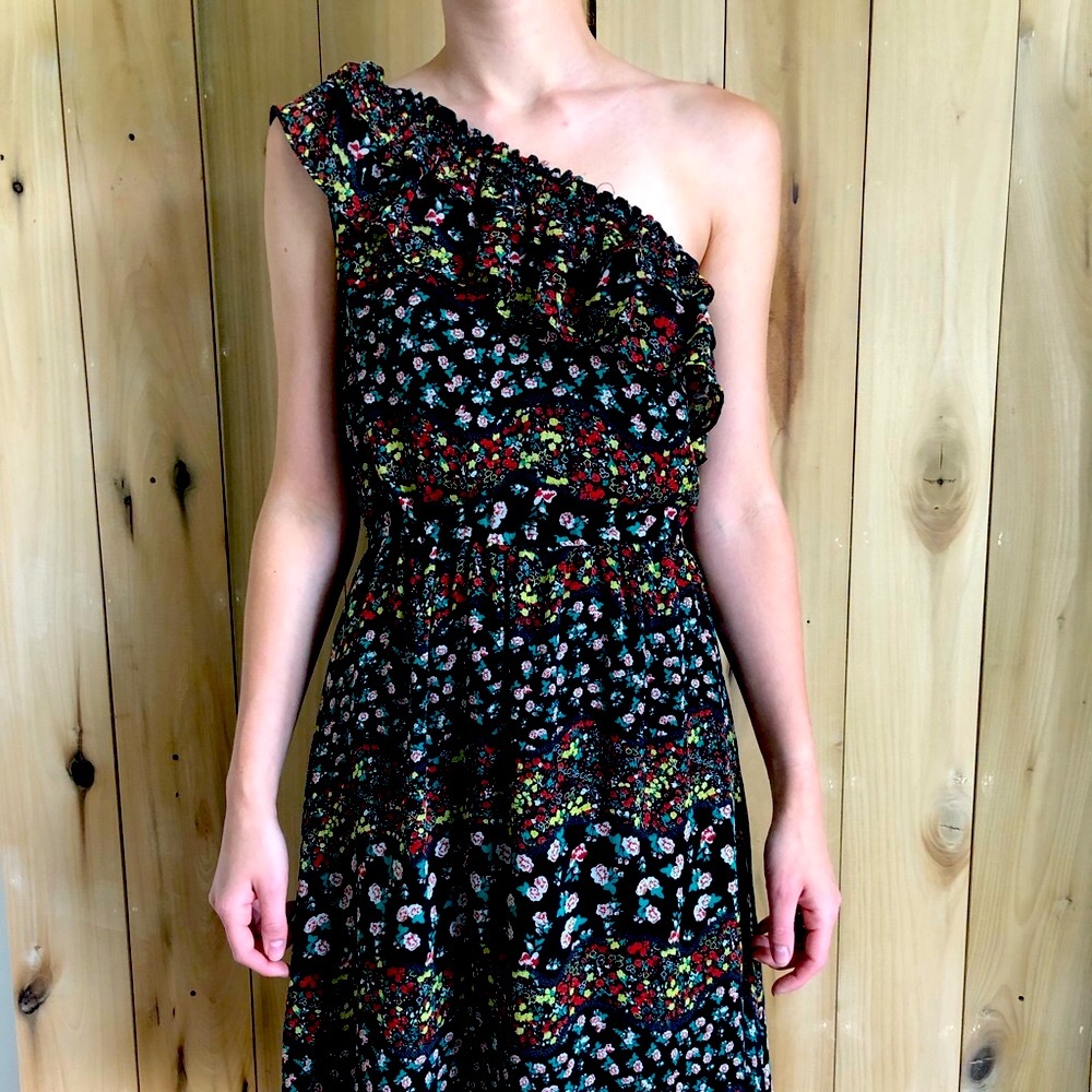 Hazel Ruffle Floral Print Asymmetrical Dress